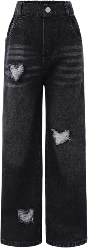 WDIRARA Girl's Bowknot Print Washed Jean Elastic Waist Denim Pants Straight Leg Trousers with Pockets