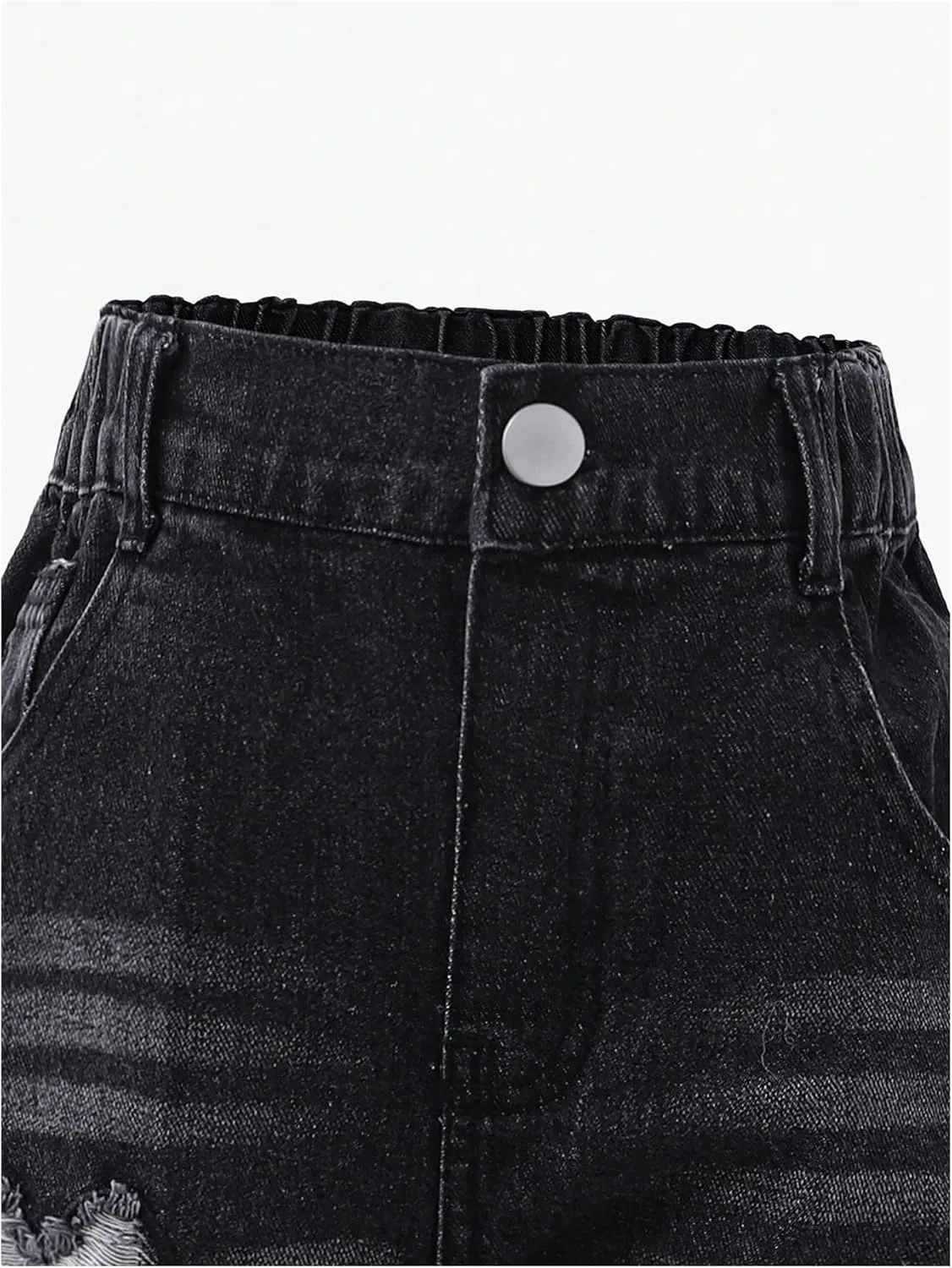 WDIRARA Girl's Bowknot Print Washed Jean Elastic Waist Denim Pants Straight Leg Trousers with Pockets