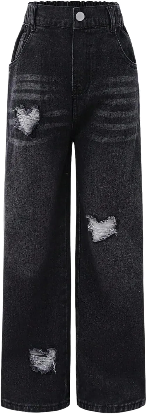 WDIRARA Girl's Bowknot Print Washed Jean Elastic Waist Denim Pants Straight Leg Trousers with Pockets