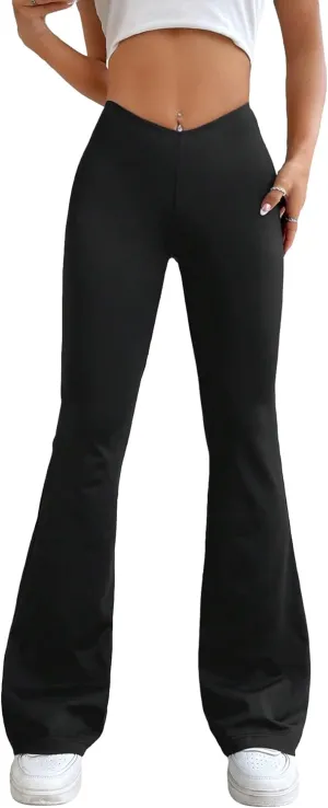 WDIRARA Women's Elastic Waist Loose Fit Flare Leg Pants Drop Waist High Stretch Casual Trousers