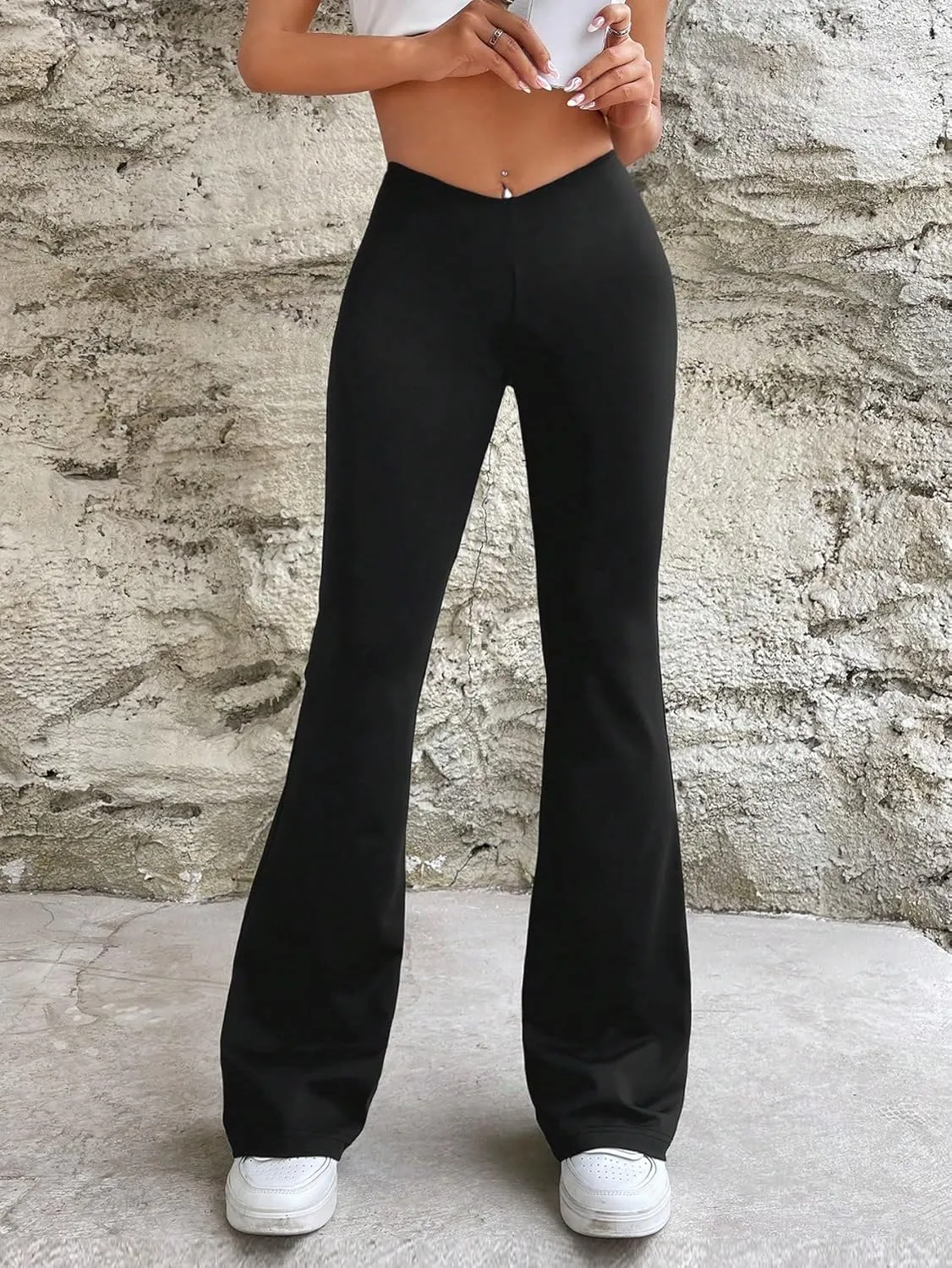 WDIRARA Women's Elastic Waist Loose Fit Flare Leg Pants Drop Waist High Stretch Casual Trousers