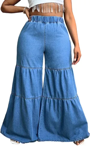 WDIRARA Women's Ruffle Trim Hem Wide Leg Elastic High Waisted Summer Denim Jean Flare Pants