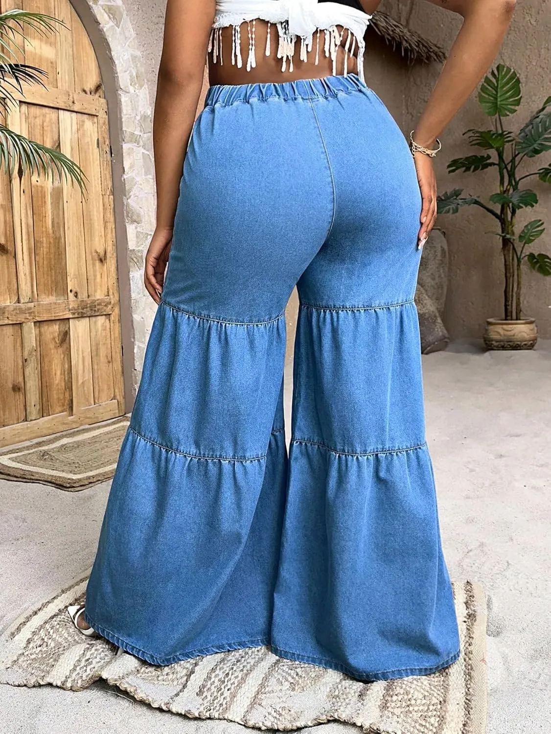 WDIRARA Women's Ruffle Trim Hem Wide Leg Elastic High Waisted Summer Denim Jean Flare Pants