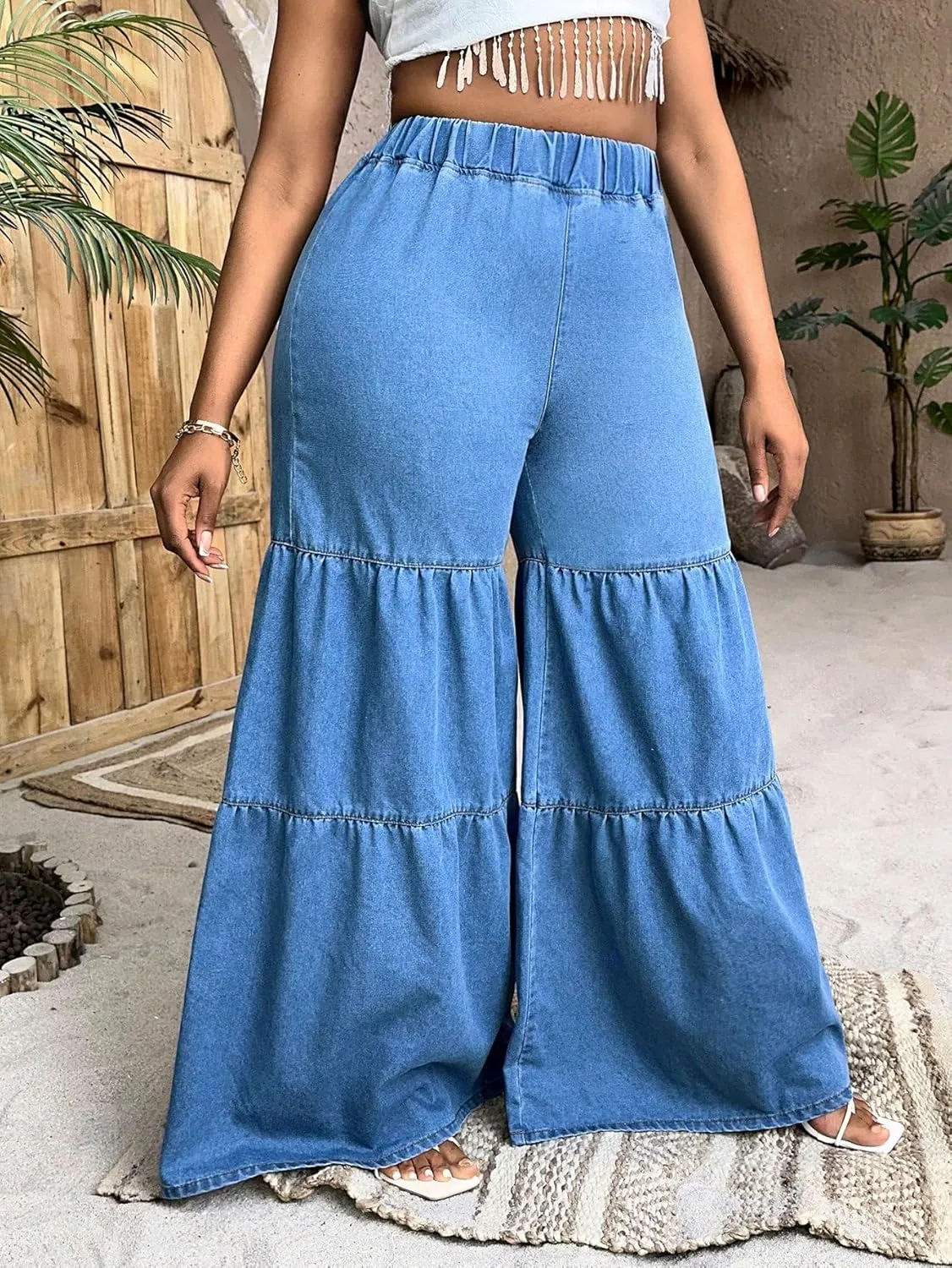 WDIRARA Women's Ruffle Trim Hem Wide Leg Elastic High Waisted Summer Denim Jean Flare Pants