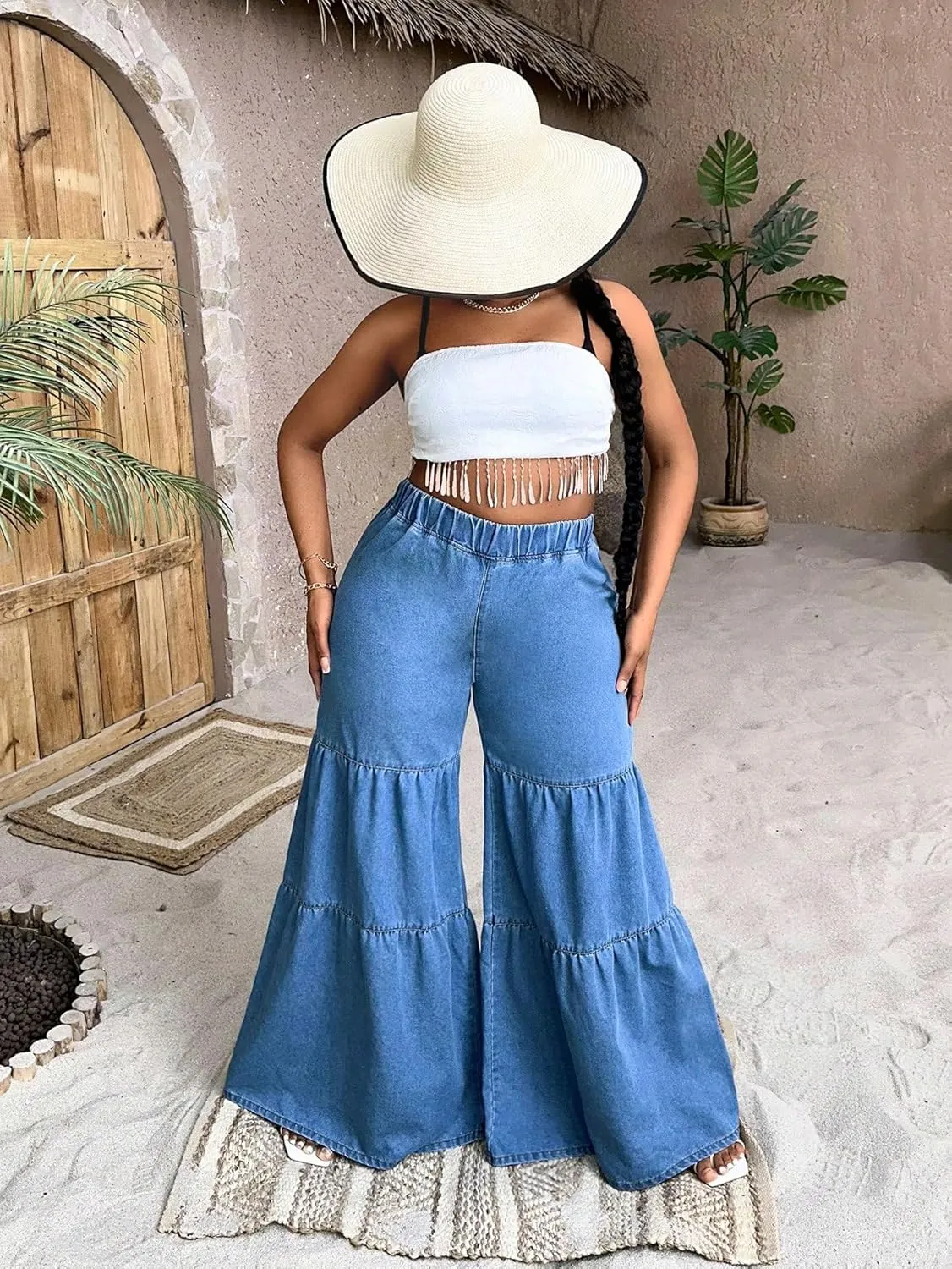 WDIRARA Women's Ruffle Trim Hem Wide Leg Elastic High Waisted Summer Denim Jean Flare Pants