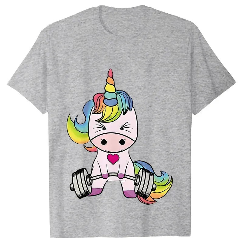 Whimsical Unicorn Weightlifting T-Shirts for Women | Trendy Fitness Graphic Tees for Summer Workouts