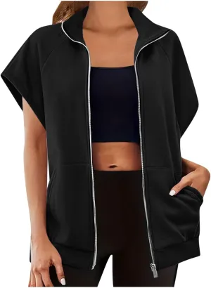 Wirziis Women's Zip Up Sweatshirts Oversized Short Sleeve Lapel Solid Cardigan Summer Cute Jacket Comfy Outfits with Pockets