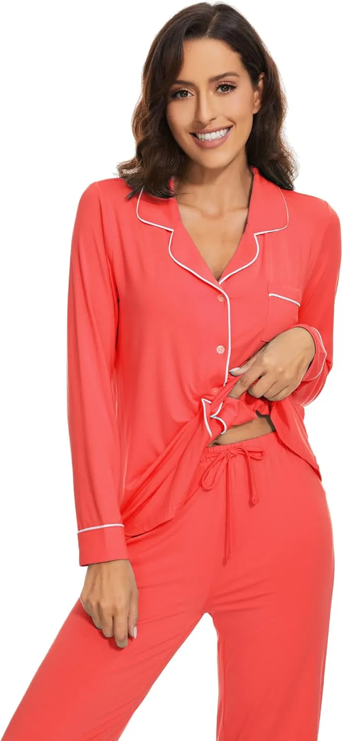 WiWi Bamboo Viscose Pajamas Set for Women Soft Button Down Sleepwear Pj Lightweight Lounge Sets Loungewear S-XXL