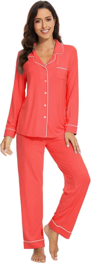 WiWi Bamboo Viscose Pajamas Set for Women Soft Button Down Sleepwear Pj Lightweight Lounge Sets Loungewear S-XXL