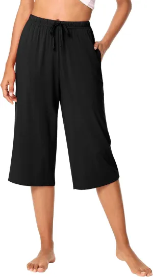 WiWi Viscose Capri Pants for Women Wide Leg Pajama with Pockets Soft Knit Lounge Sleep Pj Bottoms S-XXL