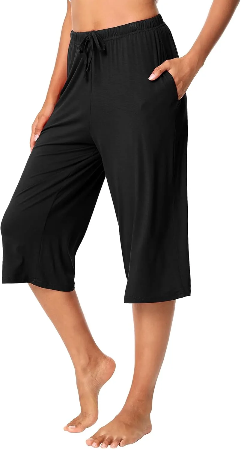 WiWi Viscose Capri Pants for Women Wide Leg Pajama with Pockets Soft Knit Lounge Sleep Pj Bottoms S-XXL