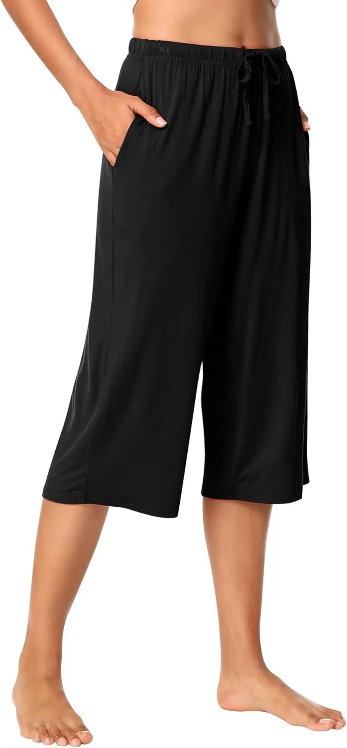 WiWi Viscose Capri Pants for Women Wide Leg Pajama with Pockets Soft Knit Lounge Sleep Pj Bottoms S-XXL