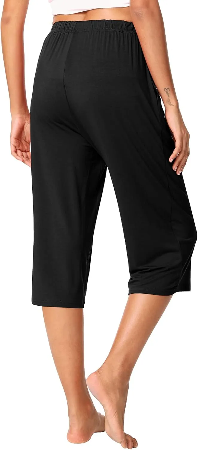 WiWi Viscose Capri Pants for Women Wide Leg Pajama with Pockets Soft Knit Lounge Sleep Pj Bottoms S-XXL