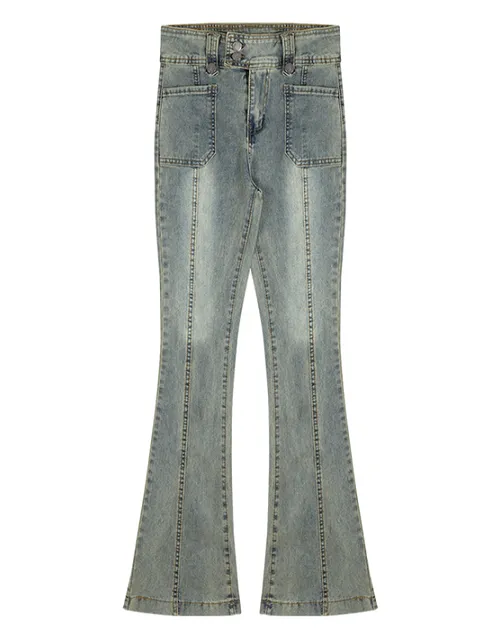 Women Cotton Denim High Waist Flare Pants