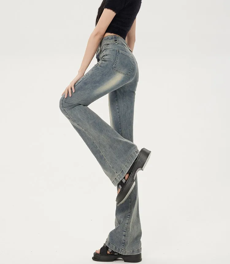 Women Cotton Denim High Waist Flare Pants