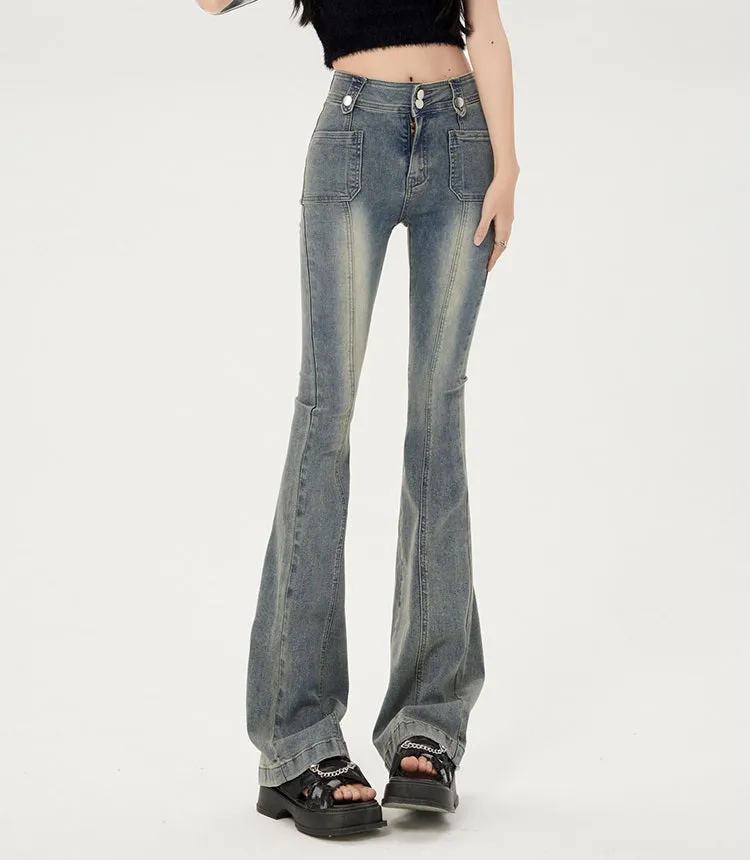 Women Cotton Denim High Waist Flare Pants