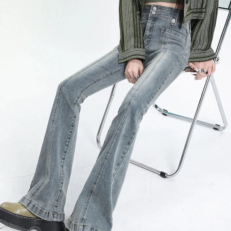 Women Cotton Denim High Waist Flare Pants
