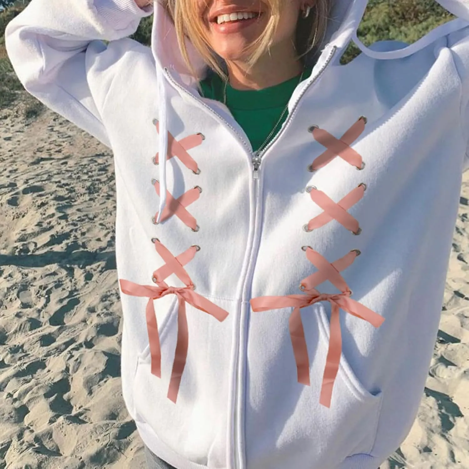 Women Cute Zip up Hoodies Cross Tie Up Bow Loose Oversized Long Sleeve Hooded Sweatshirt Fall Jacket with Pockets