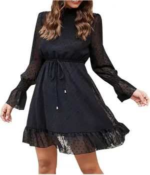 Women Mesh Long Sleeve High Neck Dress Drawstring Waist A Line Ruffle Hem Flowy Casual Dresses Polka Dot Mini Dress