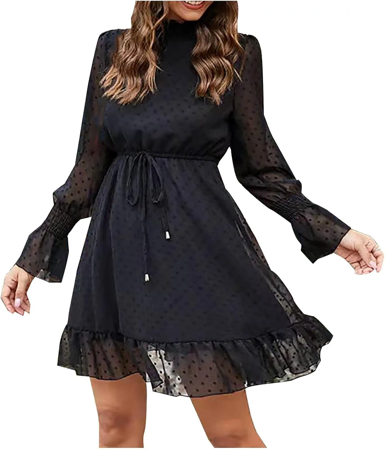 Women Mesh Long Sleeve High Neck Dress Drawstring Waist A Line Ruffle Hem Flowy Casual Dresses Polka Dot Mini Dress