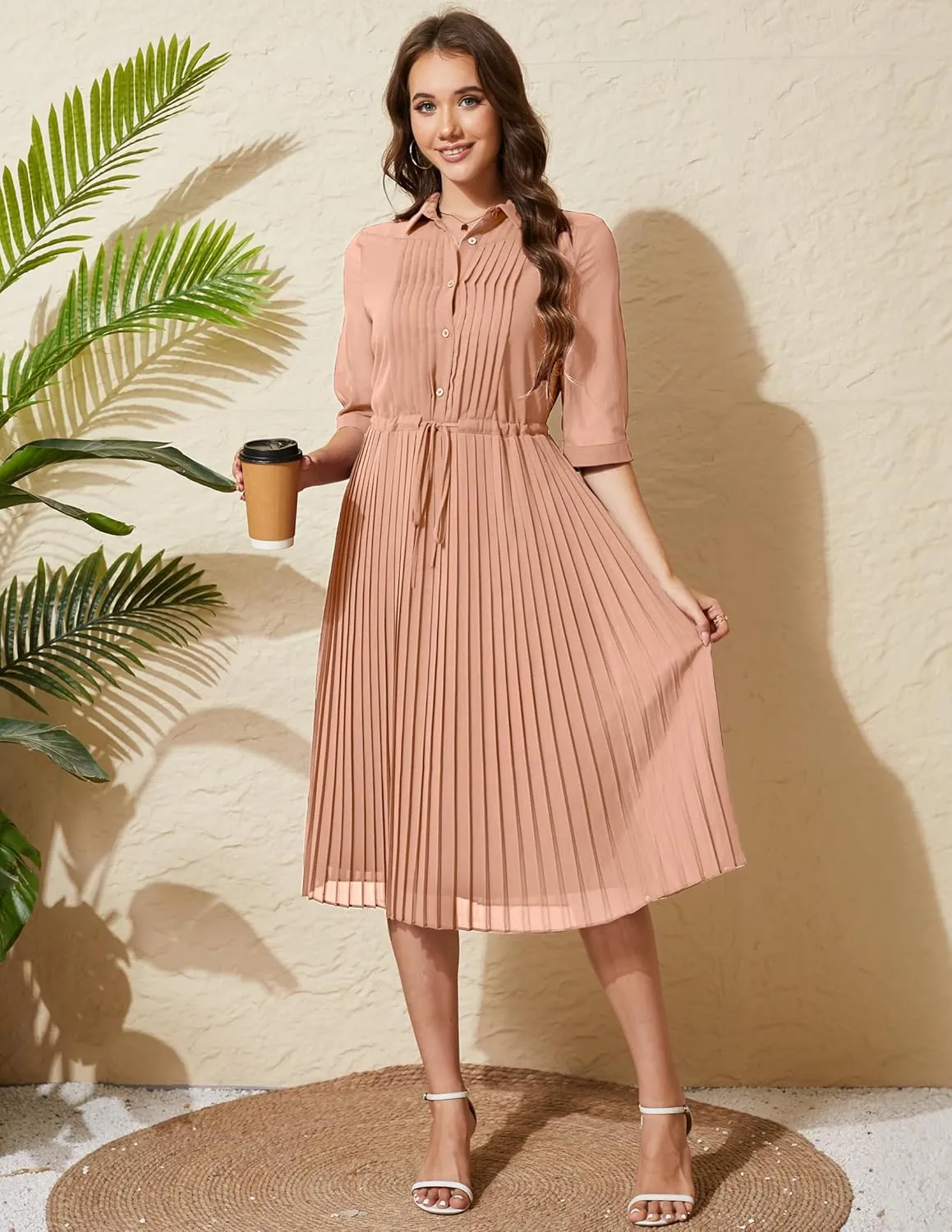 Women V Neck 3/4 Sleeve Pleated A-Line Dress with Belt Swing Midi Dresses for Spring Summer Autumn