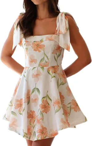 Women Y2k Tie Shoulder Mini Dress Floral Ruffle Flowy Babydoll Dress Summer Cute Bow Strap Boho Short Dresses