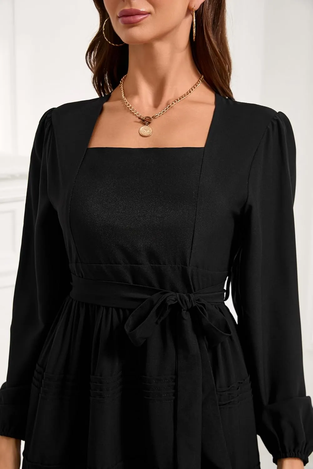 Women's 2025 Boho Long Sleeve Square Neck Dress Tie Solid Long Dress Casual Stretchy A Line Maxi Dress