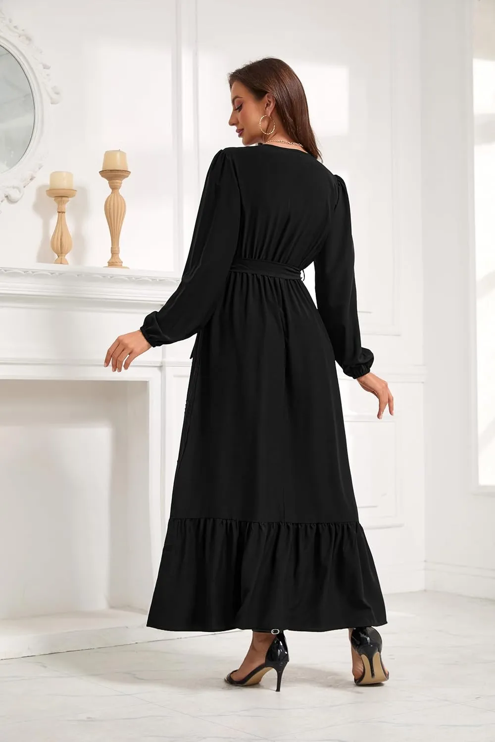Women's 2025 Boho Long Sleeve Square Neck Dress Tie Solid Long Dress Casual Stretchy A Line Maxi Dress