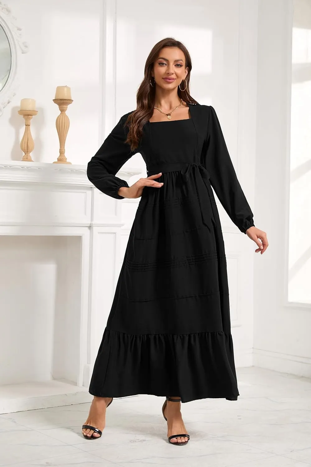 Women's 2025 Boho Long Sleeve Square Neck Dress Tie Solid Long Dress Casual Stretchy A Line Maxi Dress