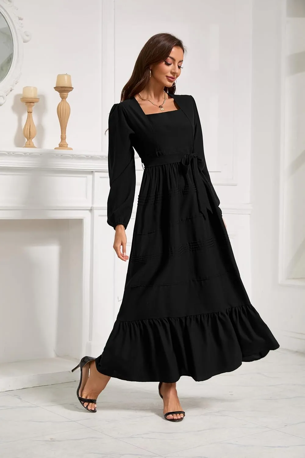 Women's 2025 Boho Long Sleeve Square Neck Dress Tie Solid Long Dress Casual Stretchy A Line Maxi Dress