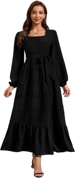 Women's 2025 Boho Long Sleeve Square Neck Dress Tie Solid Long Dress Casual Stretchy A Line Maxi Dress