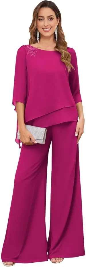 Women's 2PC Mother of The Bride Pants Suits for Wedding Lace Appliqued Chiffon Formal Outfit