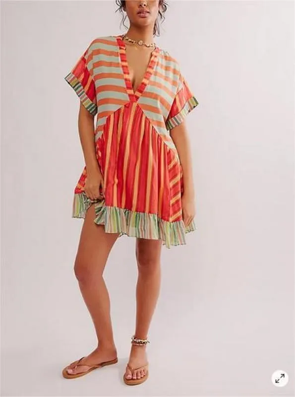 WomenS Boho Mini Dress Y2k Floral Deep V-Neck Puff Sleeve Short Dresses 2025 Summer Causal Beach Sundress