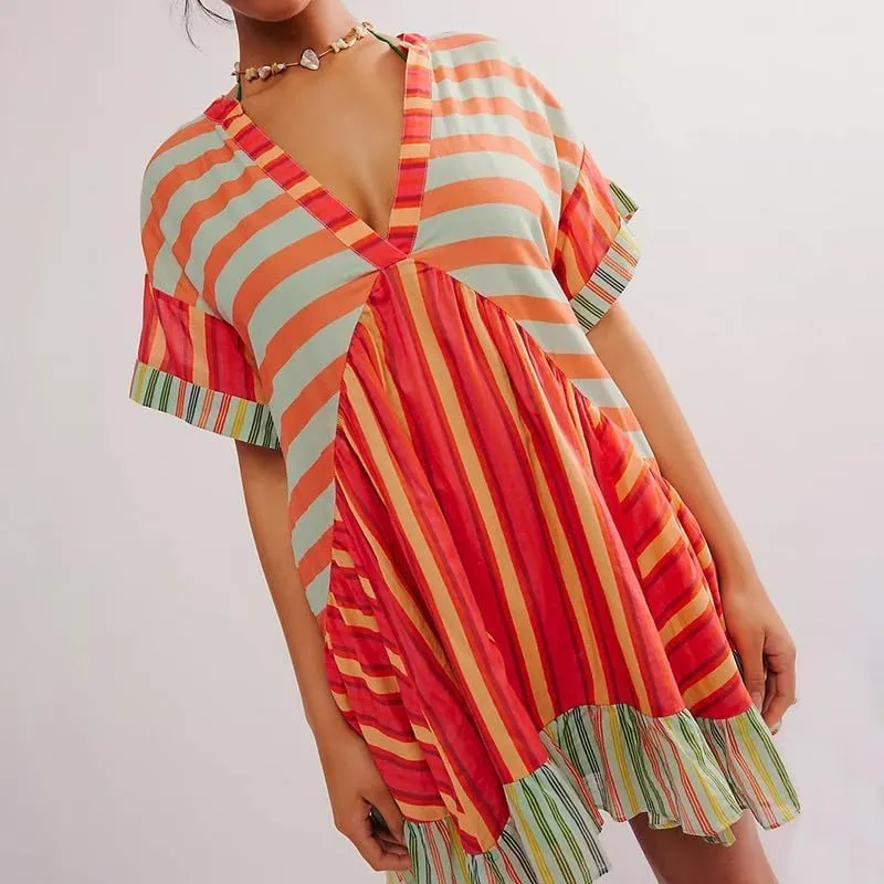 WomenS Boho Mini Dress Y2k Floral Deep V-Neck Puff Sleeve Short Dresses 2025 Summer Causal Beach Sundress