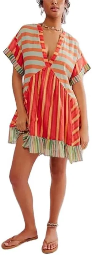 WomenS Boho Mini Dress Y2k Floral Deep V-Neck Puff Sleeve Short Dresses 2025 Summer Causal Beach Sundress