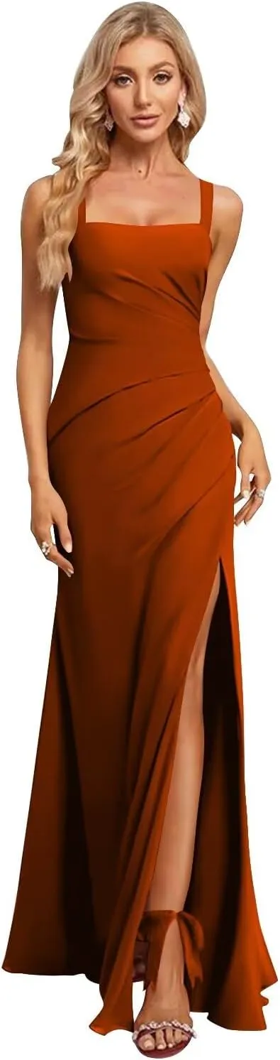 Women's Bridesmaid Dresses Long with Slit 2025 Black Spaghetti Straps A Line Formal Evening Dress TM133