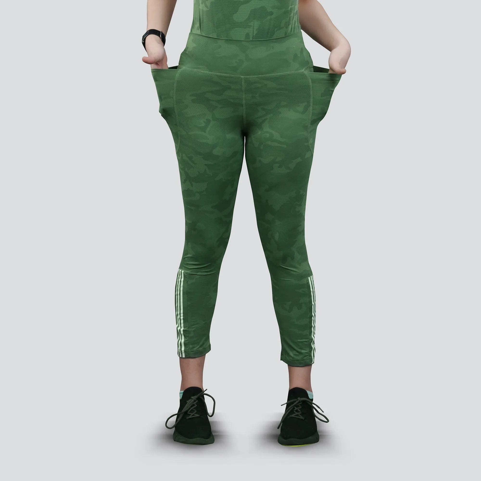 Women's Camo Workout Pants, High-Waisted Stretchable Yoga Leggings - Lime Green