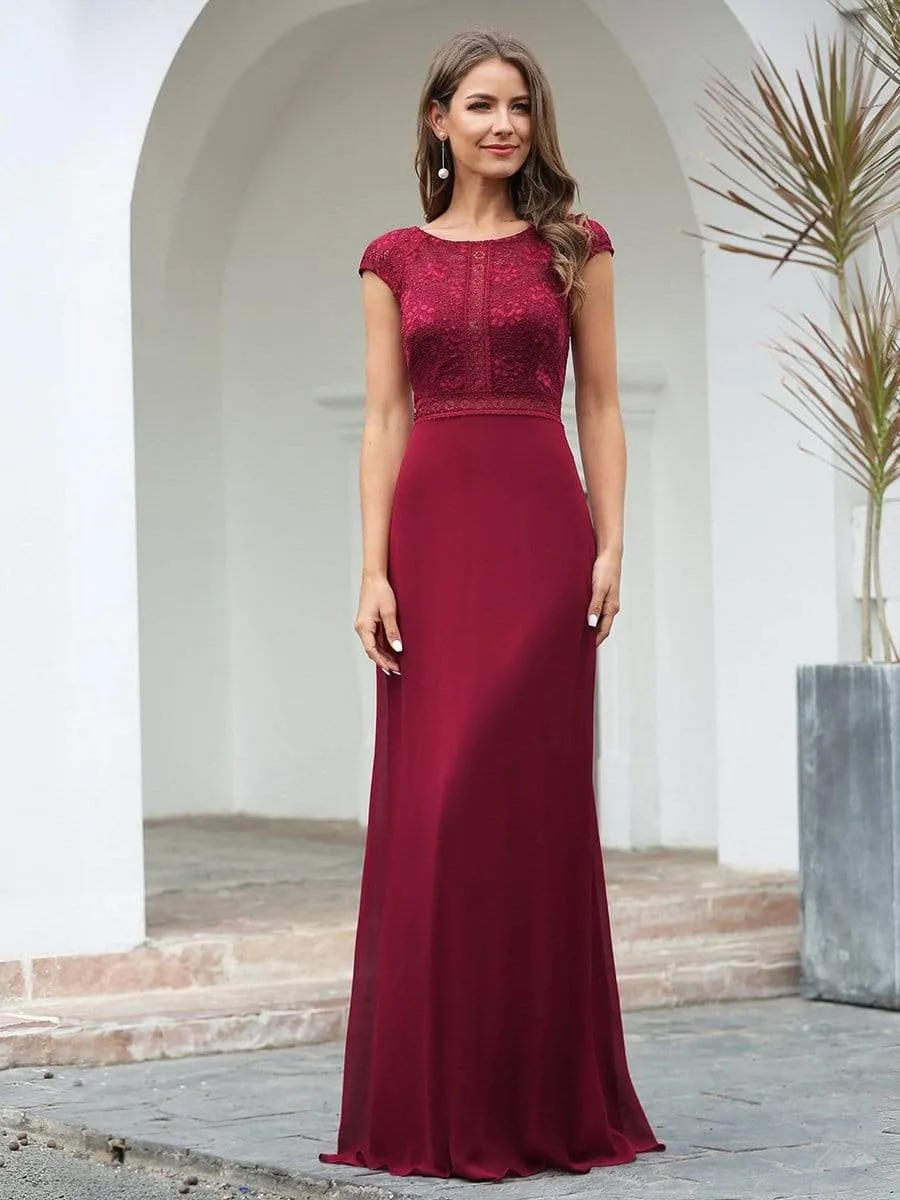 Women's Cap Sleeve Long Bridesmaid Dresses with Floral Lace