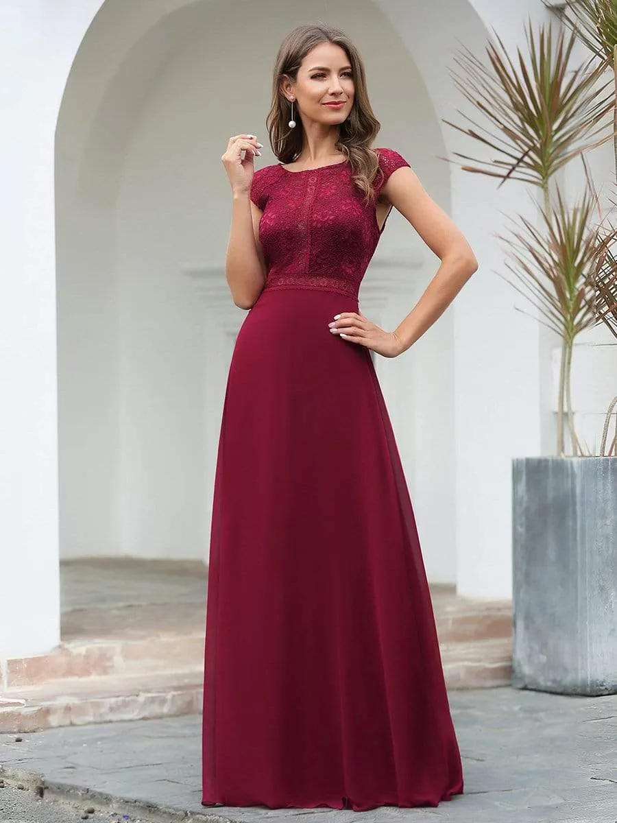 Women's Cap Sleeve Long Bridesmaid Dresses with Floral Lace