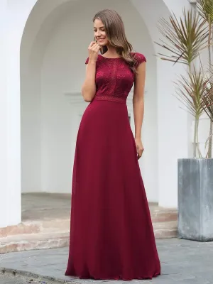 Women's Cap Sleeve Long Bridesmaid Dresses with Floral Lace
