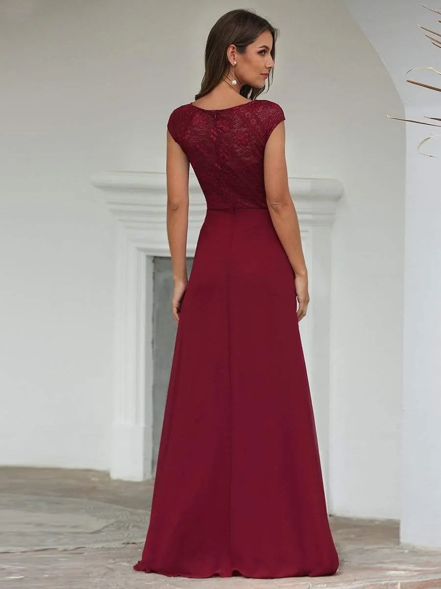 Women's Cap Sleeve Long Bridesmaid Dresses with Floral Lace