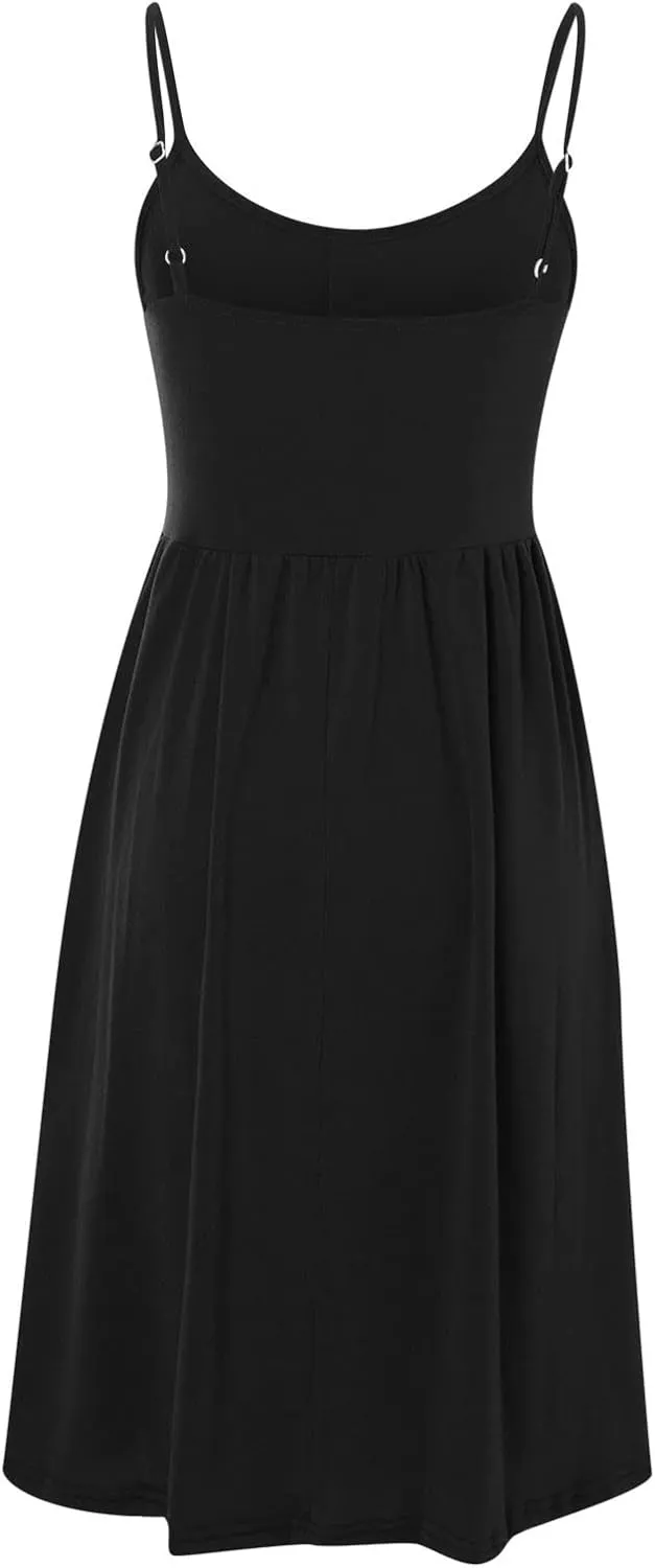 Women's Casual Beach Summer Dresses Solid A-Line Spaghetti Strap Swing Button Midi Sundress Ladies Dress