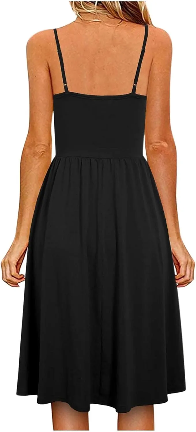 Women's Casual Beach Summer Dresses Solid A-Line Spaghetti Strap Swing Button Midi Sundress Ladies Dress