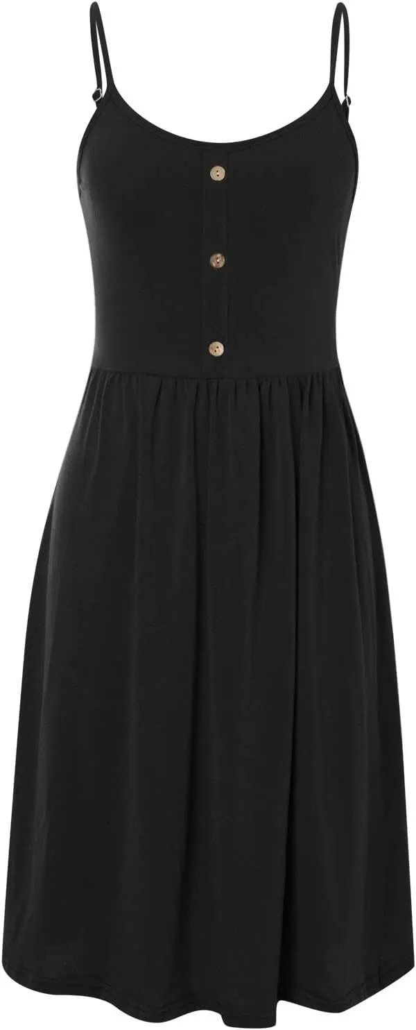 Women's Casual Beach Summer Dresses Solid A-Line Spaghetti Strap Swing Button Midi Sundress Ladies Dress