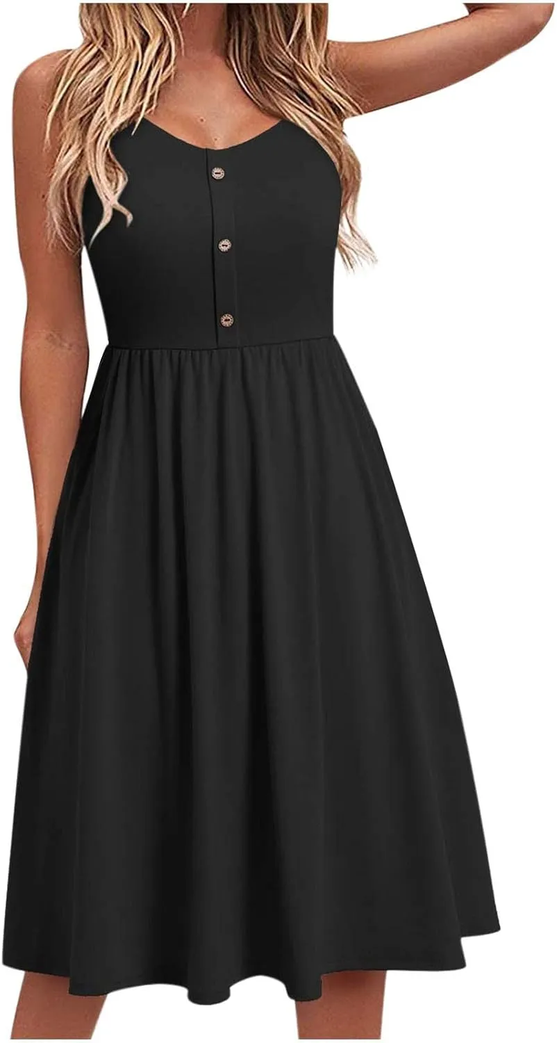 Women's Casual Beach Summer Dresses Solid A-Line Spaghetti Strap Swing Button Midi Sundress Ladies Dress