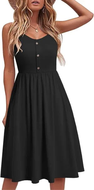 Women's Casual Beach Summer Dresses Solid A-Line Spaghetti Strap Swing Button Midi Sundress Ladies Dress