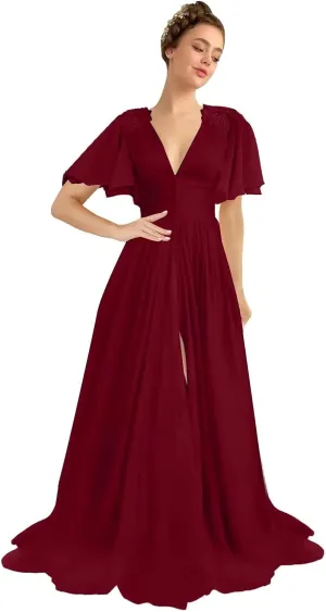 Women's Chiffon Prom Dresses V Neck Long Bridesmaids Gowns Lace Appliques Evening Party Cocktail Dress with Pocket