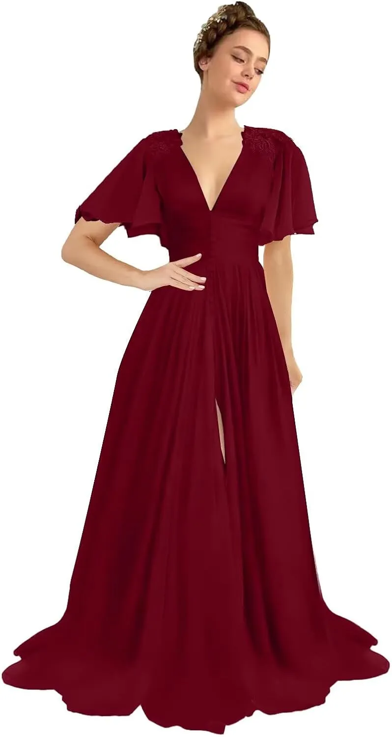 Women's Chiffon Prom Dresses V Neck Long Bridesmaids Gowns Lace Appliques Evening Party Cocktail Dress with Pocket