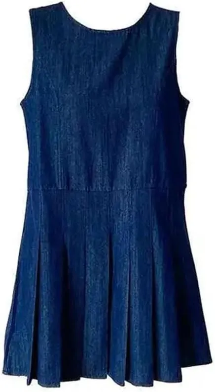 Women's Denim O-Neck Slim Sleeveless Zippers Deep Blue Spliced Folds Short Dress