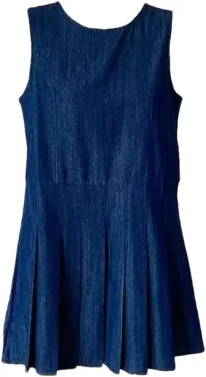 Women's Denim O-Neck Slim Sleeveless Zippers Deep Blue Spliced Folds Short Dress